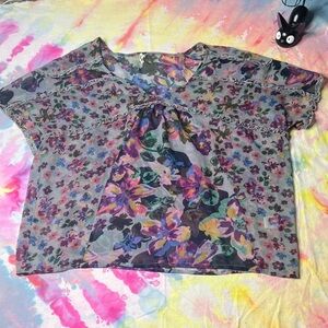 ✨ Elegant Gray & Multicolor Sheer Floral Blouse | Chic Feminine Top